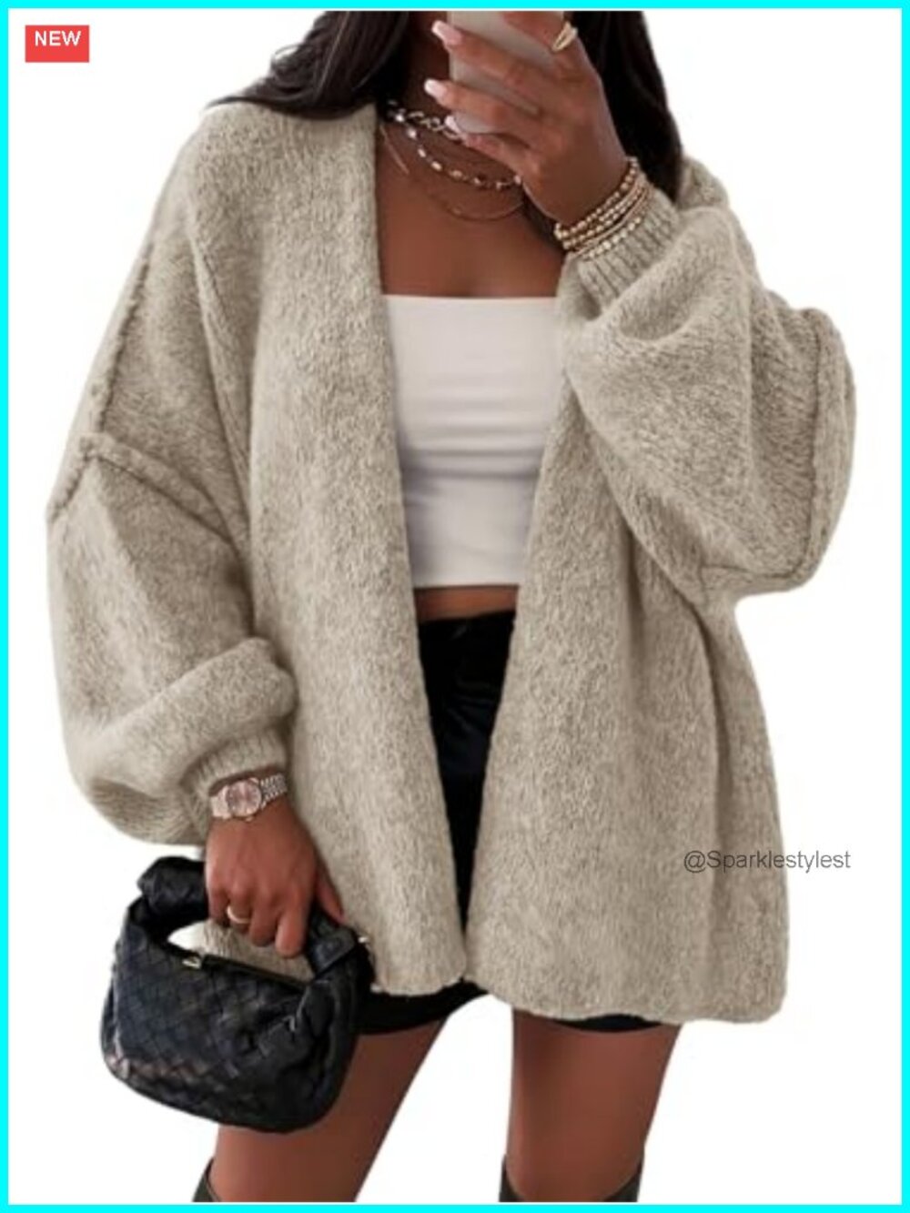 Womens Oversized Open Front Cardigan Sweater Lantern Sleeve Fall Layer